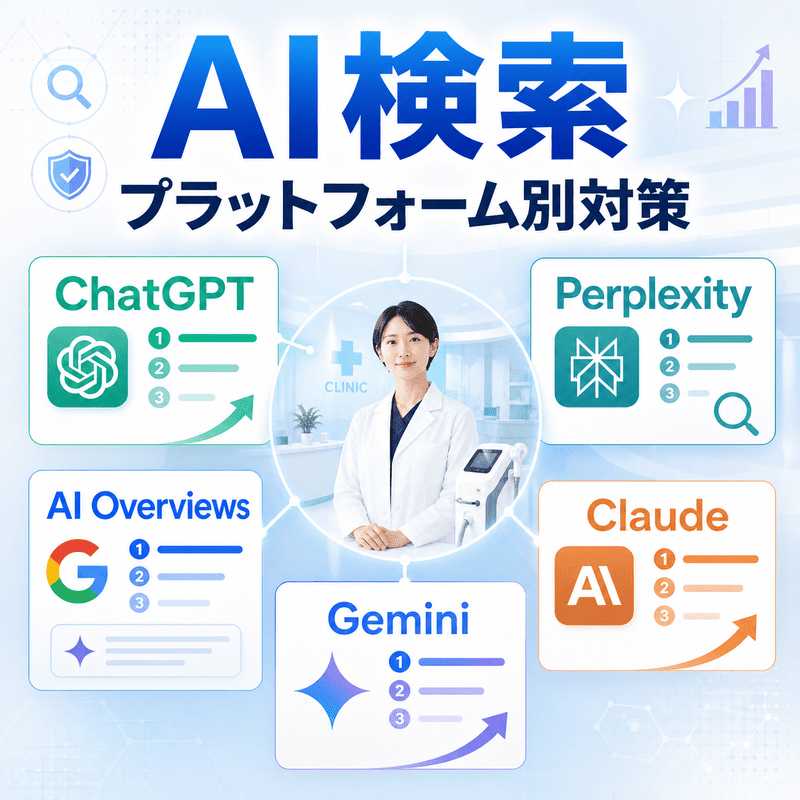 ChatGPT・Perplexity・AI Overviews・Claude・GeminiごとのAI検索対策を比較したイラスト