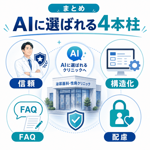信頼・構造化・FAQ・配慮の4本柱で、AI検索に選ばれる泌尿器科・性病クリニックを目指すまとめ図