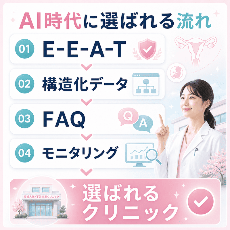 E-E-A-T、構造化データ、FAQ、モニタリングを連動させ、AI時代に選ばれるクリニックになる流れを示した補足図