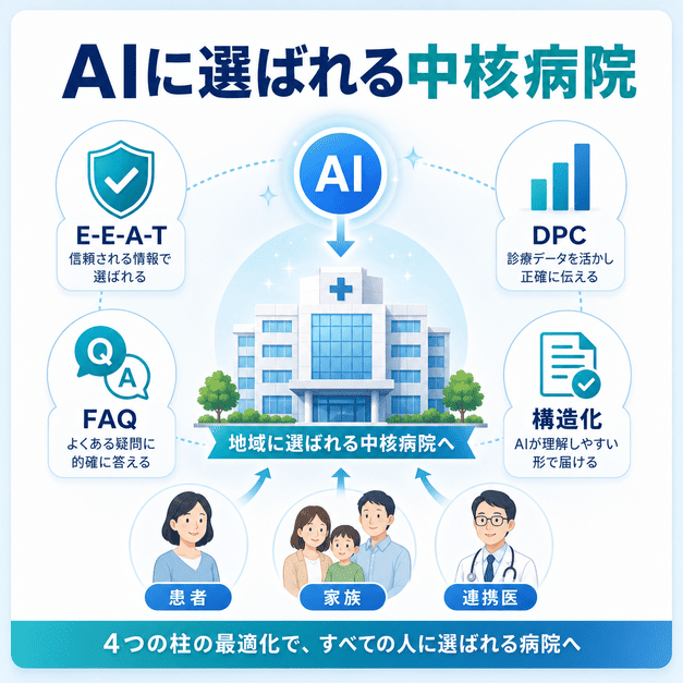E-E-A-T・DPC・FAQ・構造化データを組み合わせ、患者・家族・連携医に選ばれる中核病院を目指す総まとめ図
