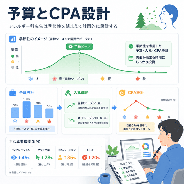 アレルギー科広告の予算配分・入札戦略・CPA設計を花粉症シーズンの需要変動に合わせて考える図