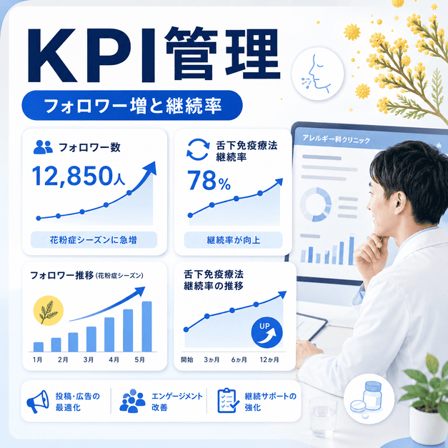 花粉症シーズンのフォロワー増加や舌下免疫療法の継続率をKPIで管理するアレルギー科クリニックの分析イラスト