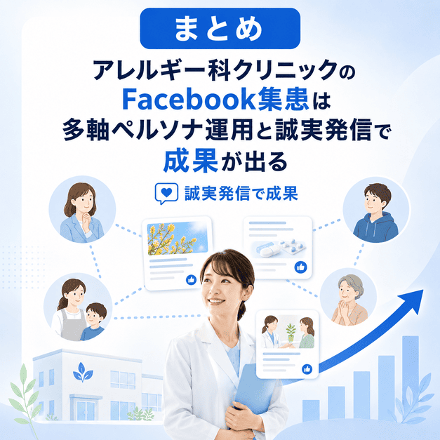 アレルギー科クリニックのFacebook集患が多軸ペルソナ運用と誠実な情報発信で成果につながることをまとめたイラスト