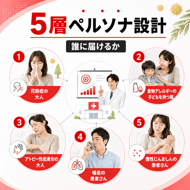 花粉症の大人、食物アレルギー児の保護者、アトピーや喘息、慢性じんましんの患者層を5つに分けて整理したイラスト