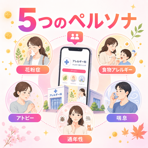 花粉症・食物アレルギー・アトピー・喘息・通年性アレルギーの5つのペルソナを示すイラスト