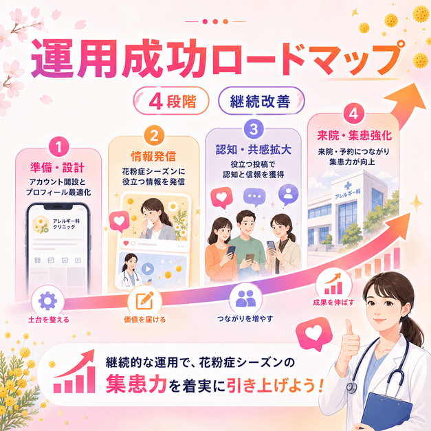 アレルギー科Instagram運用を4段階で進め、花粉症シーズンの集患力を高めるロードマップイラスト