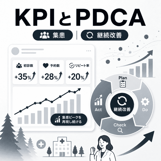 KPIダッシュボードとPDCAサイクルで花粉シーズンの集患ピークを継続的に改善する様子を示したイラスト