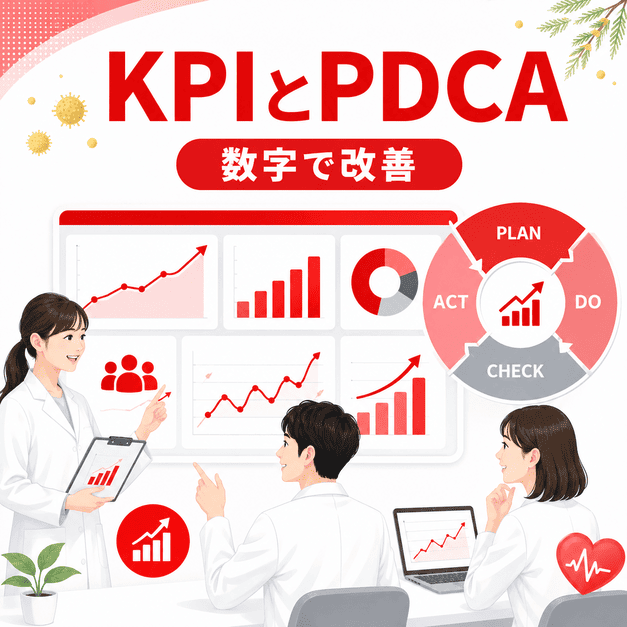 アレルギー科のYouTube運用におけるKPIやPDCAサイクルをダッシュボードで確認し改善しているイラスト