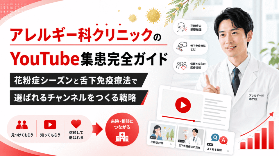 アレルギー科クリニックがYouTubeで花粉症シーズンや舌下免疫療法の情報発信を行い、患者の信頼と来院につなげる戦略を表したアイキャッチ画像