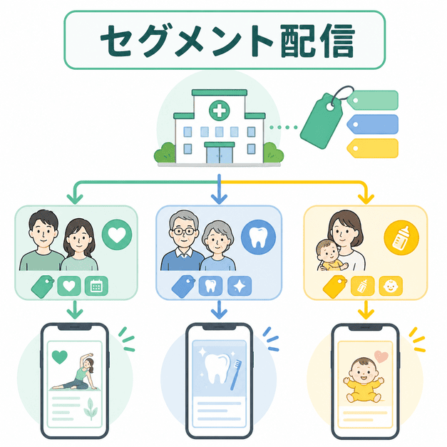 患者の疾患や年齢に合わせてLINEのセグメント配信とタグ管理を行う仕組み