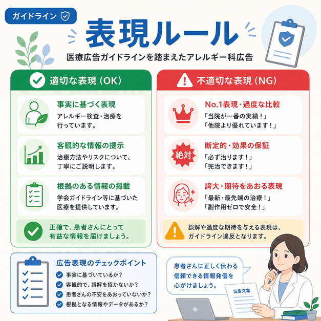 アレルギー科広告で守るべき医療広告ガイドライン上の適切な表現と避けるべき表現を示した図