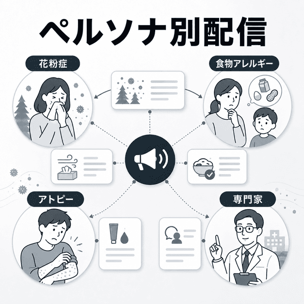花粉症、食物アレルギー、アトピー、専門家などのペルソナ別にX配信を設計する様子を示したイラスト