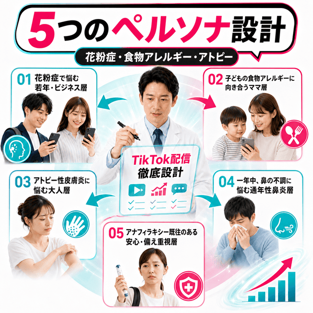 花粉症、食物アレルギー、アトピーなど5つの患者ペルソナに合わせてTikTok配信を設計する様子