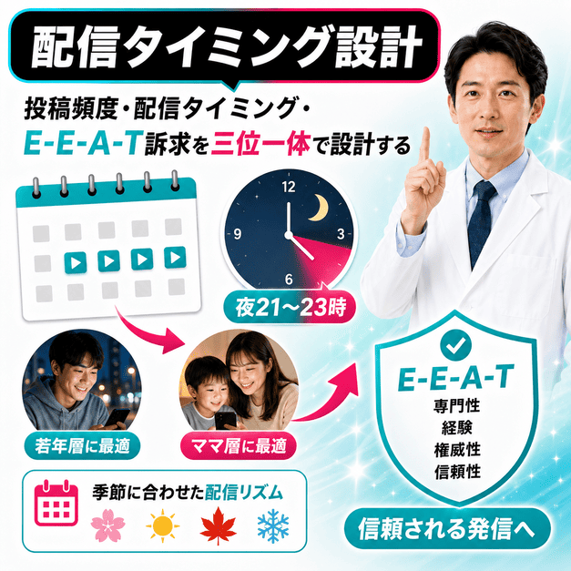 カレンダーや時計を使って投稿頻度、配信タイミング、E-E-A-T訴求を設計する専門医の様子
