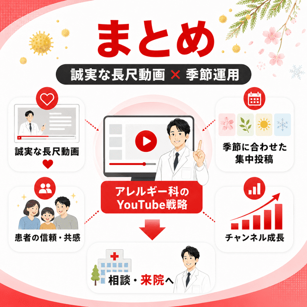 アレルギー科のYouTube集患で誠実な長尺動画と季節に合わせた集中投稿により信頼と来院につなげるまとめイラスト