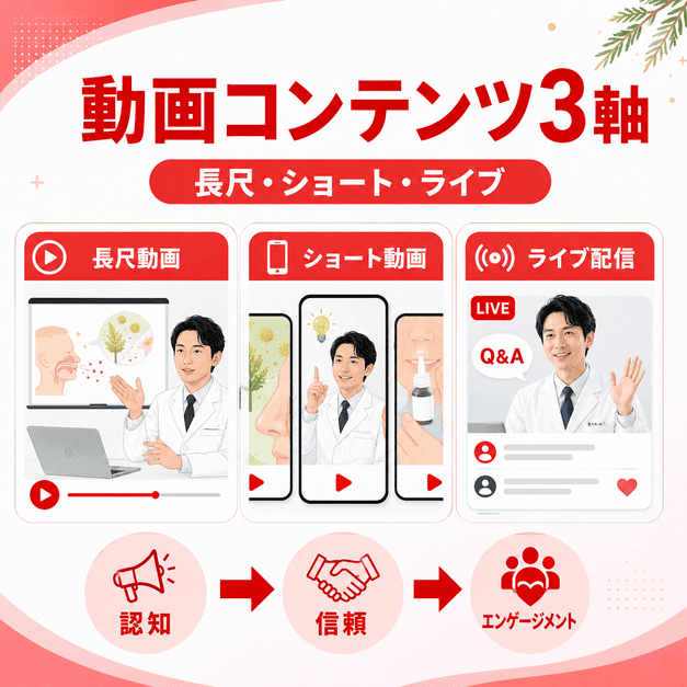 アレルギー科のYouTube運用で長尺動画、ショート動画、ライブ配信を使い分ける3軸の動画戦略を表したイラスト