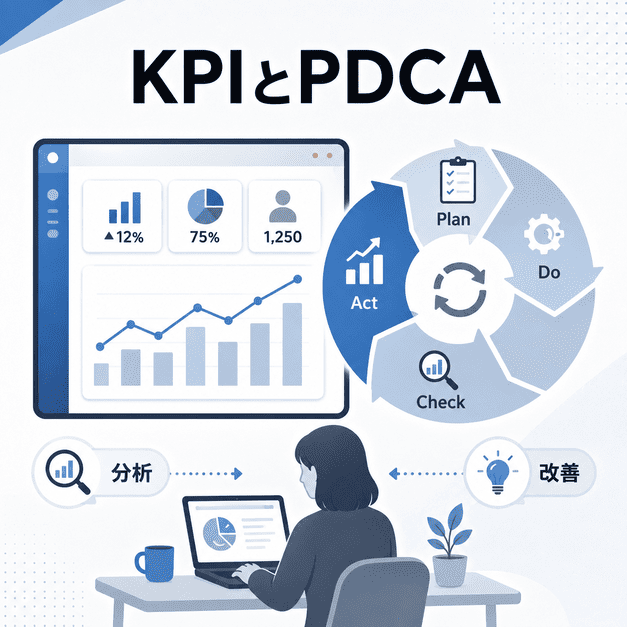 X経由初診数やプライバシー苦情ゼロなどのKPIを分析しPDCAで改善する様子を示したイラスト