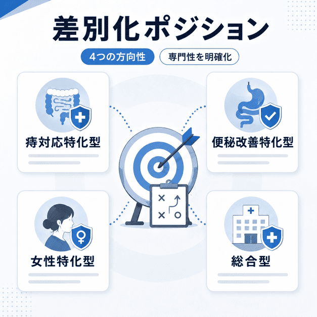 痔対応特化型・便秘改善特化型・女性特化型・総合型の4つの差別化ポジションを示すイラスト