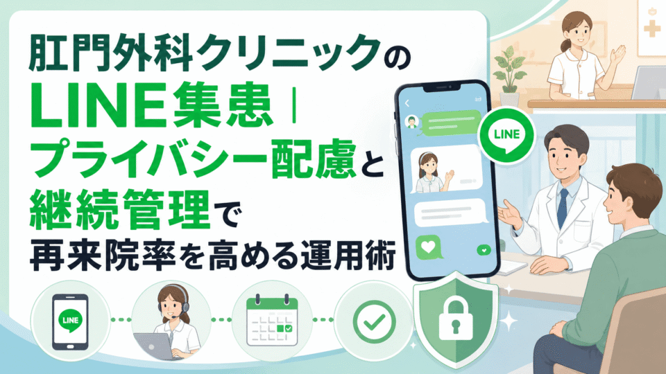 肛門外科クリニックのLINE集患で、プライバシー配慮と継続管理により再来院率を高める運用を表したイラスト