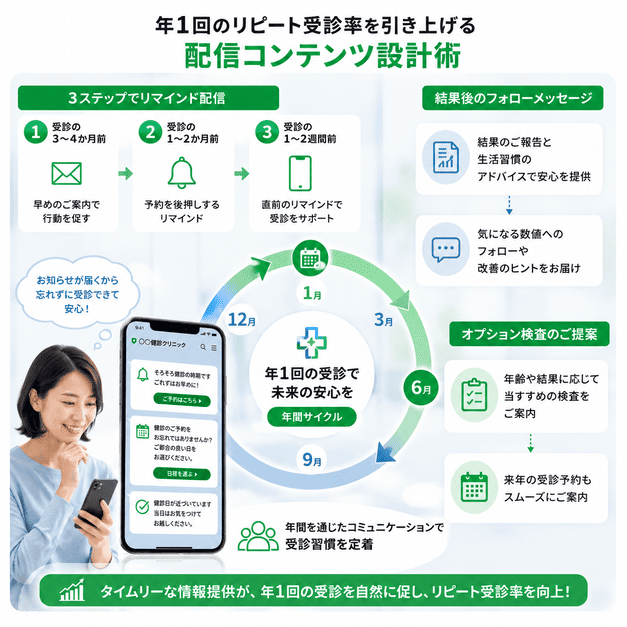 年1回の健診リマインドや結果フォローでリピート受診率を高める配信設計のイメージ