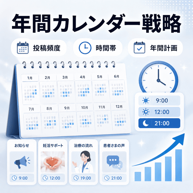 年間カレンダー、投稿頻度、配信時間帯を整理してX運用を計画する様子を表したイラスト