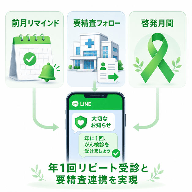 受診月前月リマインド、要精査フォロー、がん啓発月間配信をLINEで行う配信コンテンツ設計のイラスト