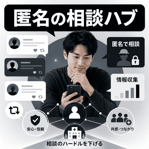 匿名で相談できるX上のメンズヘルス相談ハブを、スマートフォンを使う男性と吹き出しで表したイラスト