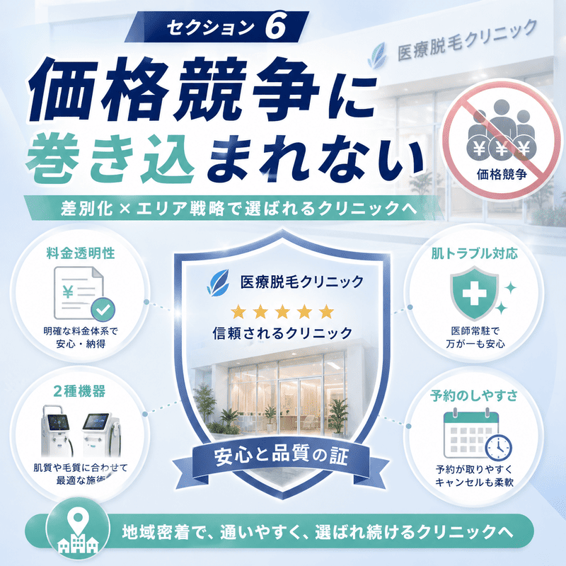 料金透明性、肌トラブル対応、複数機器、予約のしやすさを軸に、価格競争に巻き込まれない差別化を表したイラスト