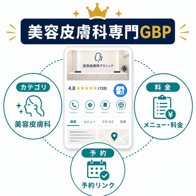 Googleビジネスプロフィールを美容皮膚科専門として整え、カテゴリ・料金・予約情報を明確にする流れを示す図解