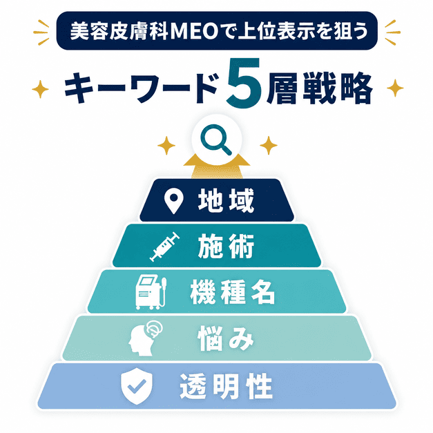 美容皮膚科MEOで上位表示を狙うための地域・施術・機種名・悩み・透明性の5層キーワード戦略を示す図解