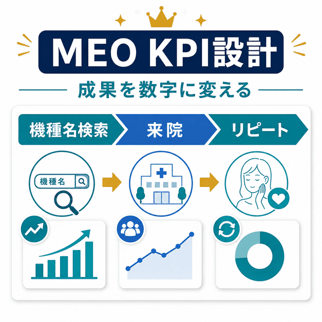 美容皮膚科MEOの成果を、機種名検索から来院、リピートまでのKPIで可視化する図解