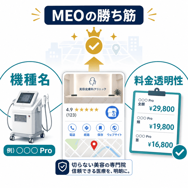 美容皮膚科のMEO対策では、機器の機種名と料金透明性が地域で選ばれる決め手になることを示す図解