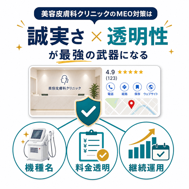 美容皮膚科クリニックのMEO対策では、誠実さと透明性を継続して伝えることが重要であるとまとめる図解