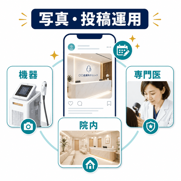 美容皮膚科のGBP運用で、機器・院内・専門医を写真や投稿で訴求する方法を示す図解
