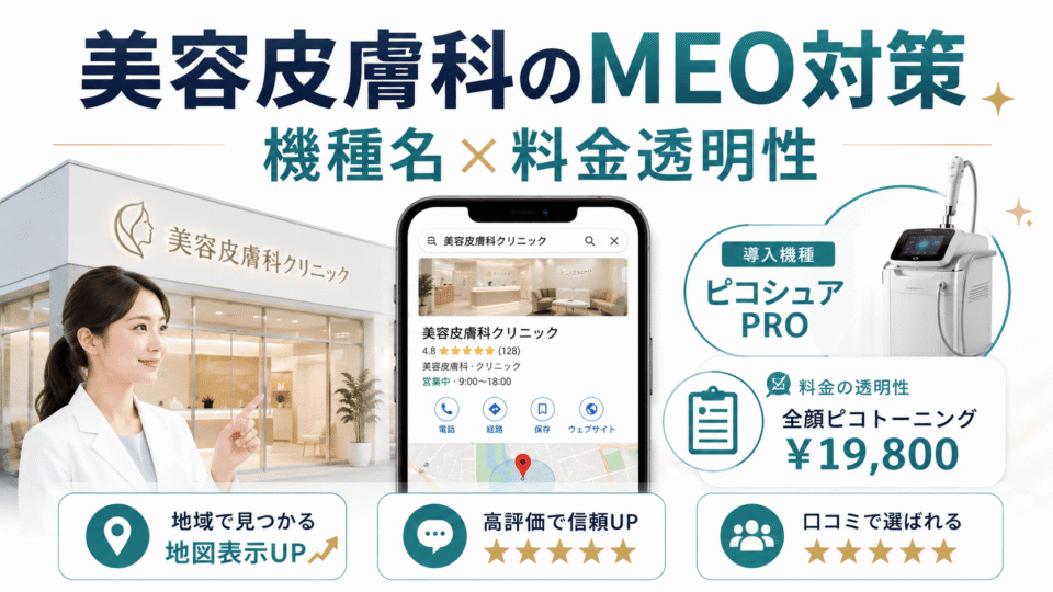 美容皮膚科クリニックのMEO対策で、機種名訴求と料金透明性が重要であることを示すアイキャッチ画像