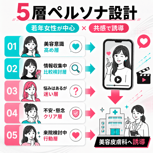 美容皮膚科のTikTok運用で5層の若年女性ペルソナを設計し、来院へ導く流れを示したイラスト