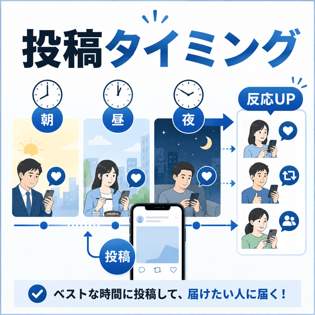 朝・昼・夜の投稿タイミングを使い分けて、届けたい患者層に情報を届ける様子を示したイラスト