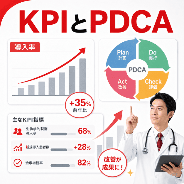 生物学的製剤の導入率や治療継続率をKPIで管理し、PDCAで改善するダッシュボード風イラスト
