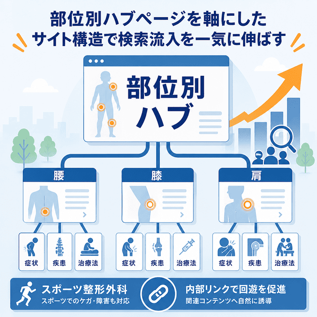腰、膝、肩の部位別ハブページを中心に、症状・疾患・治療法ページへつなぐサイト構造の図解