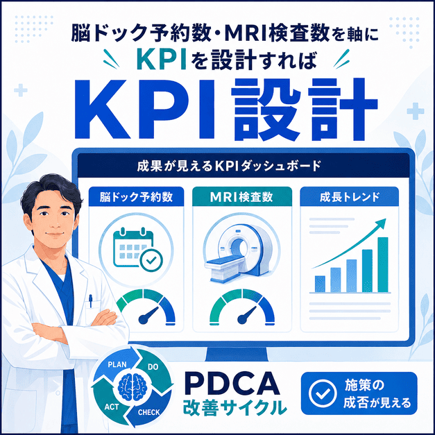 脳ドック予約数とMRI検査数を中心にSEO施策の成果を測るKPI設計を示した図