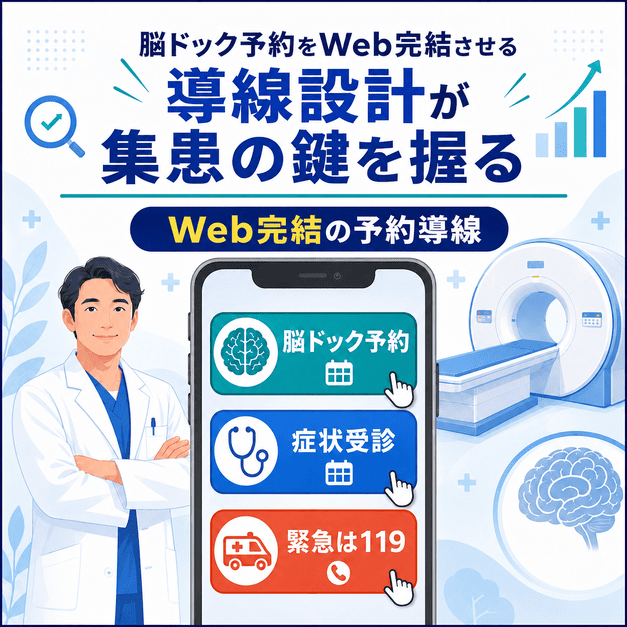 脳ドック予約・症状受診・緊急時案内をスマホで分かりやすく整理した予約導線の図