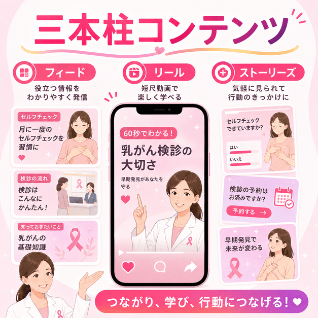 フィード、リール、ストーリーズの三本柱で乳がん啓発コンテンツを届けるイメージ