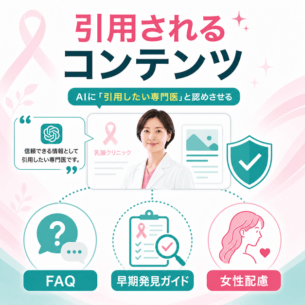 乳がん検診FAQ・早期発見ガイド・女性配慮コンテンツによってAIに引用される専門医を目指す図解