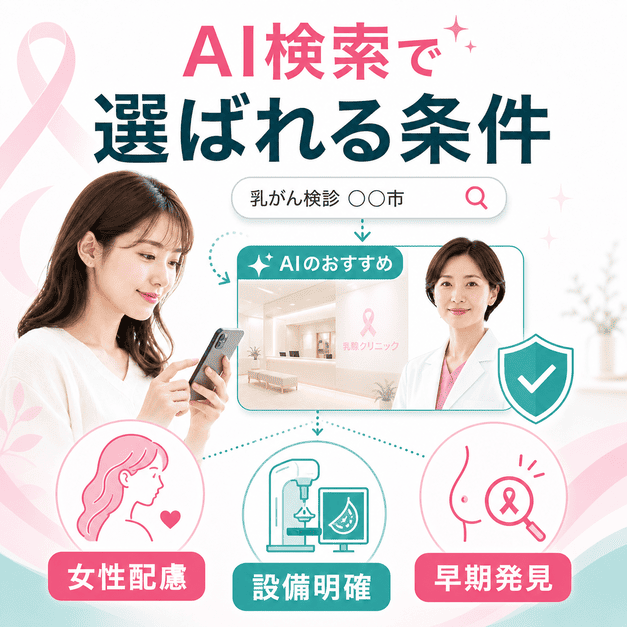 AI検索で乳がん検診を探す女性に選ばれる乳腺外科の条件として、女性配慮・設備の明確化・早期発見を示した図解