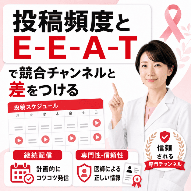 乳腺外科YouTubeの投稿頻度とE-E-A-T訴求により、専門性と信頼性で競合と差別化する様子を示したイラスト
