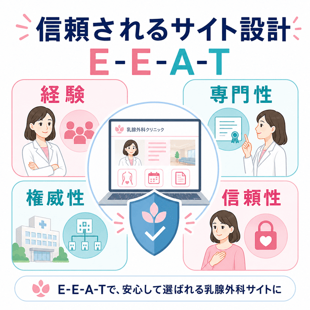 乳腺外科サイトの信頼性を高めるために、経験・専門性・権威性・信頼性を整理したイラスト