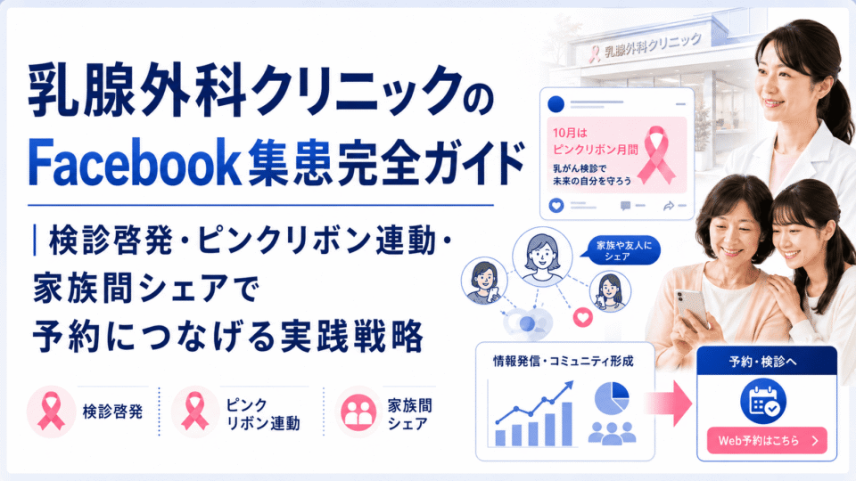 乳腺外科クリニックのFacebook集患戦略を、検診啓発・ピンクリボン連動・家族間シェア・予約導線で表したアイキャッチ画像
