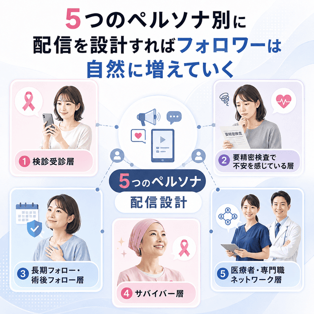 乳腺外科クリニックのX運用で想定する検診層、要精査層、術後フォロー層、サバイバー層、医療者層を表したイラスト