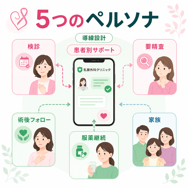 乳腺外科クリニックのLINE運用で重要な検診・要精査・術後フォロー・服薬継続・家族の5つのペルソナを示したイラスト