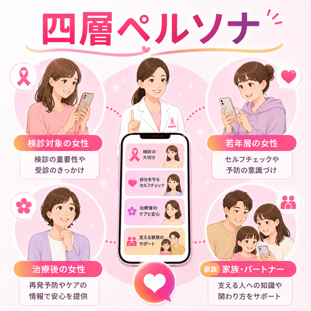検診対象女性、若年女性、治療後女性、家族に向けて配信を分ける四層ペルソナ設計のイメージ